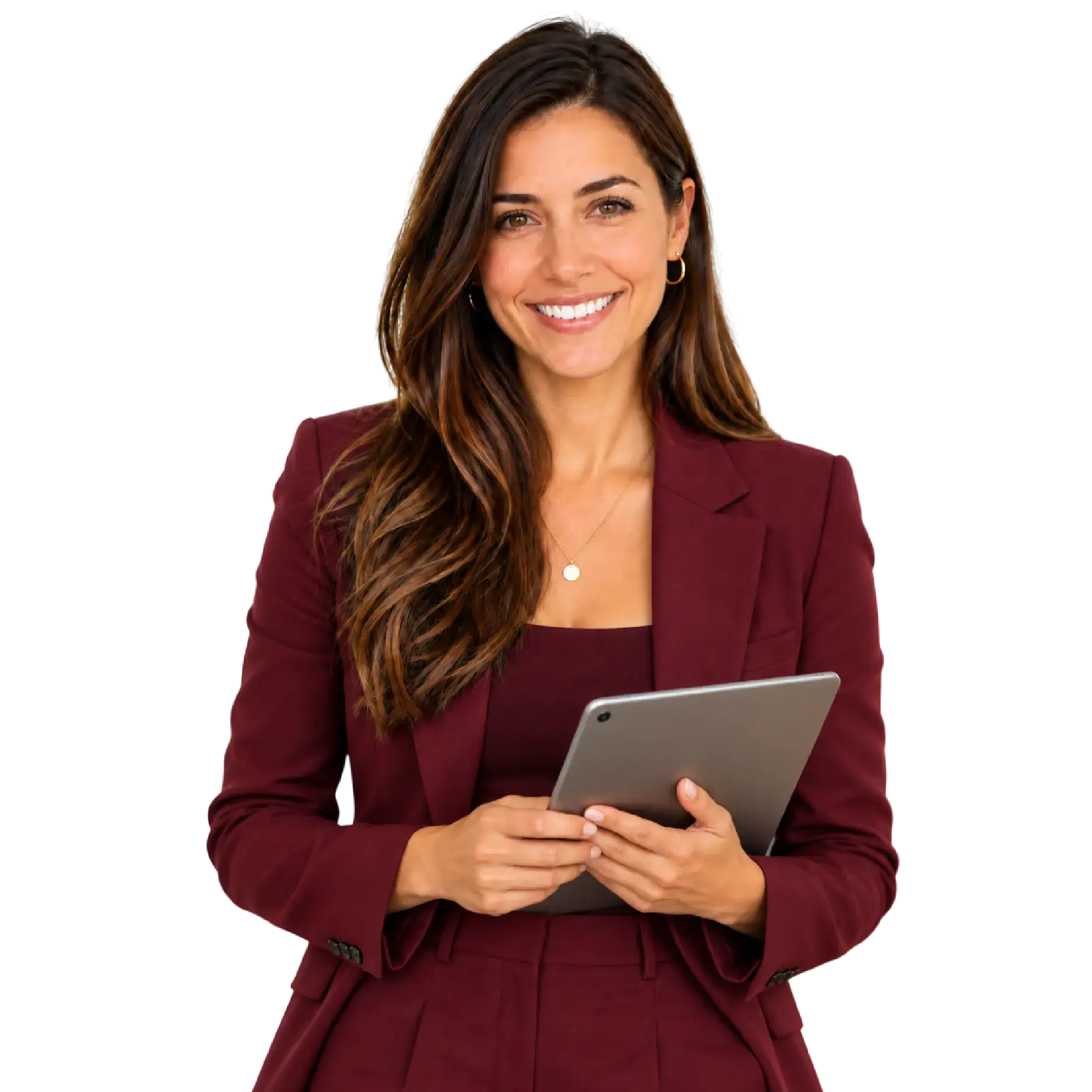 Daniela de una mujer sonriente con traje sastre color vino, mirando a la cámara para web